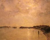 阿尔弗雷德 贝尔伯格 : Coastal Village By Moonlight